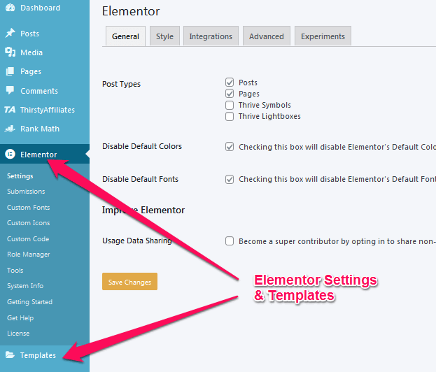 Elementor settings and templates