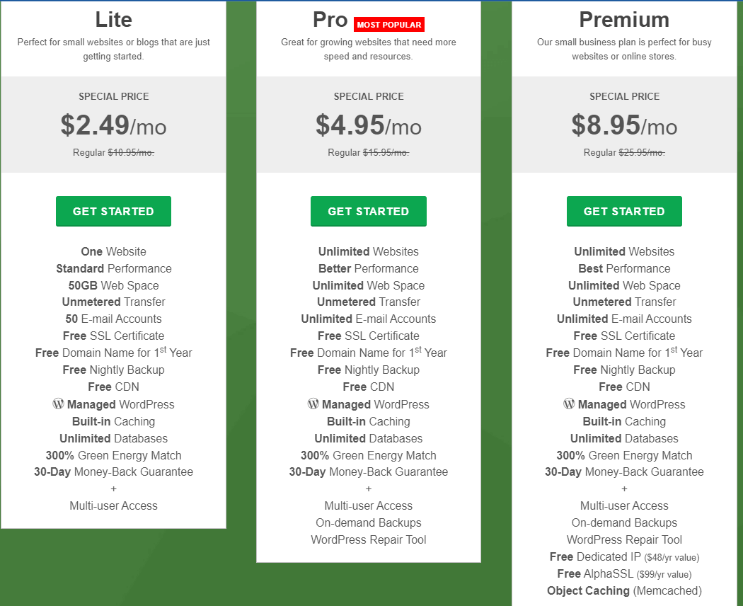 best wordpress hosting provider greengeeks pricing plan
