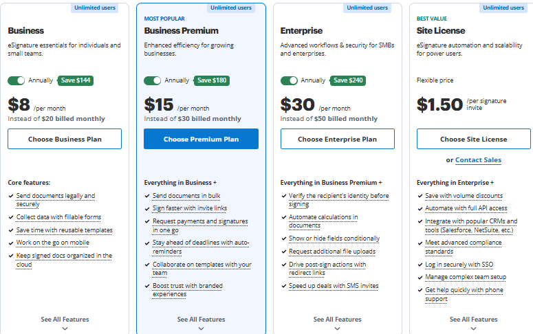 signnow pricing plans