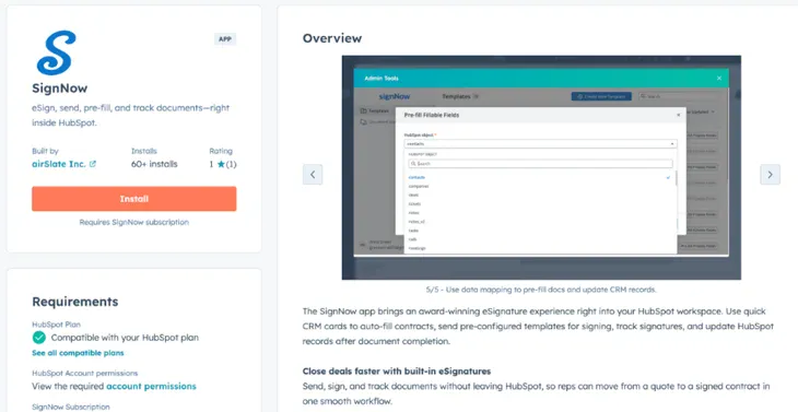 Locate SignNow in HubSpot Marketplace