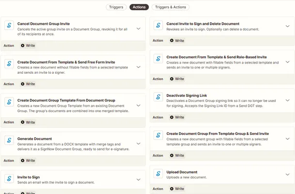 zapier actions for signnow